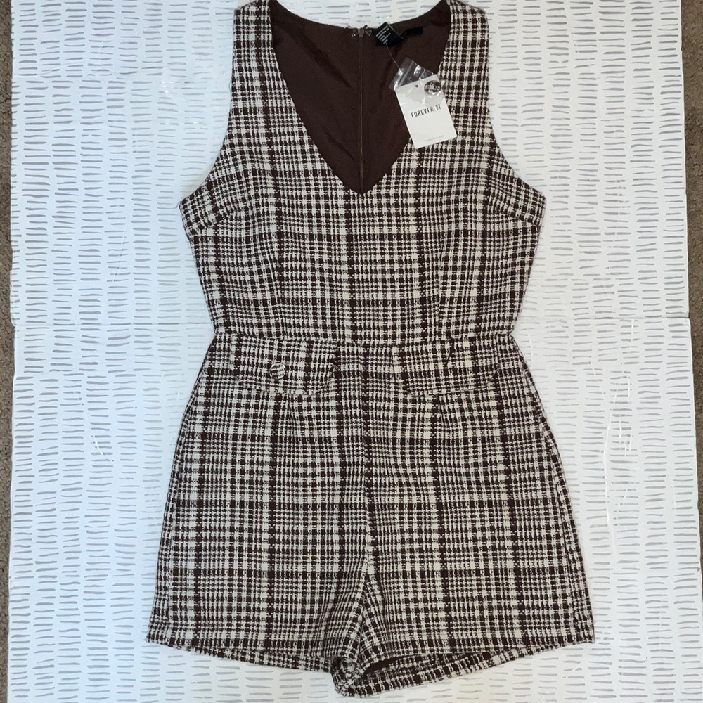 Forever 21 Brown & Cream Plaid Sleeveless Romper